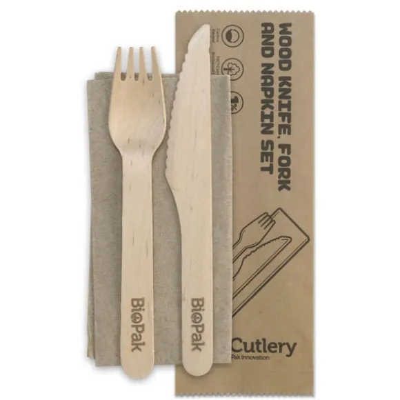 16cm Coated Wood Knife, Fork & Napkin Set