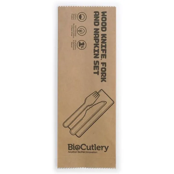 16cm Coated Wood Knife, Fork & Napkin Set